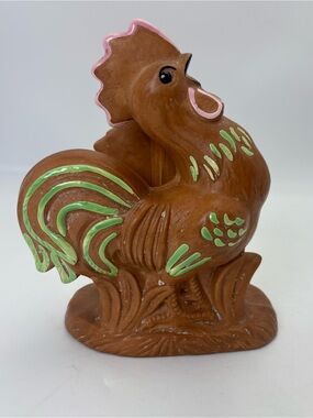 Vintage Pottery Rooster Napkin Holder - Brown with Pink and Green Accents